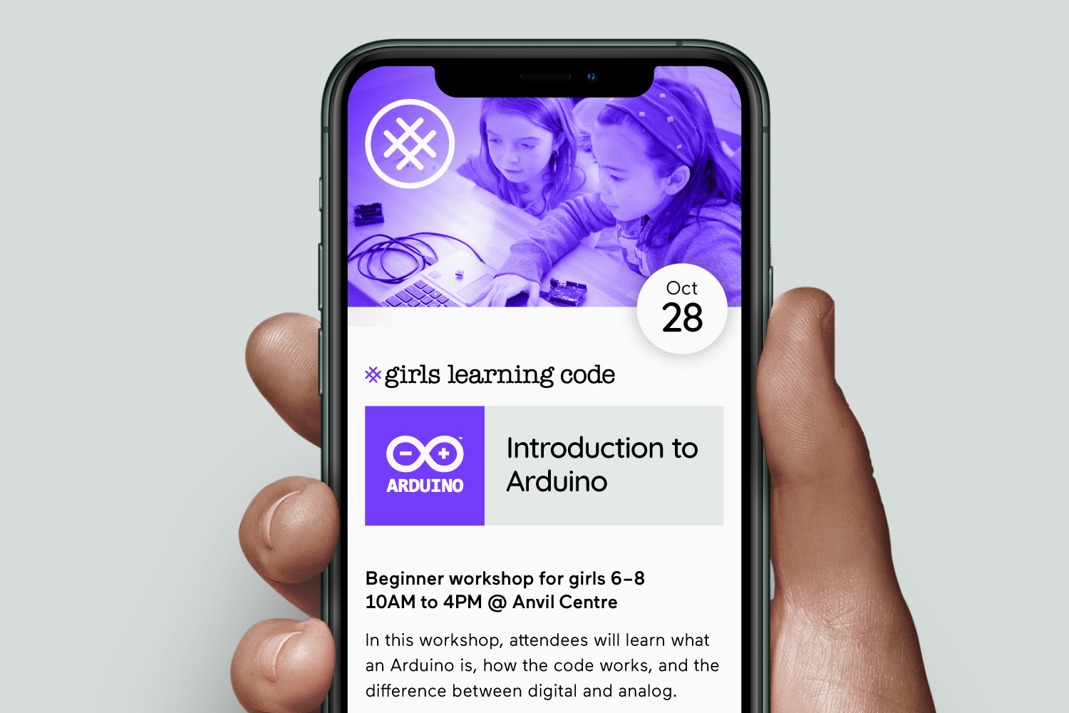 Example digital design promoting a Girls Learning Code workshop event