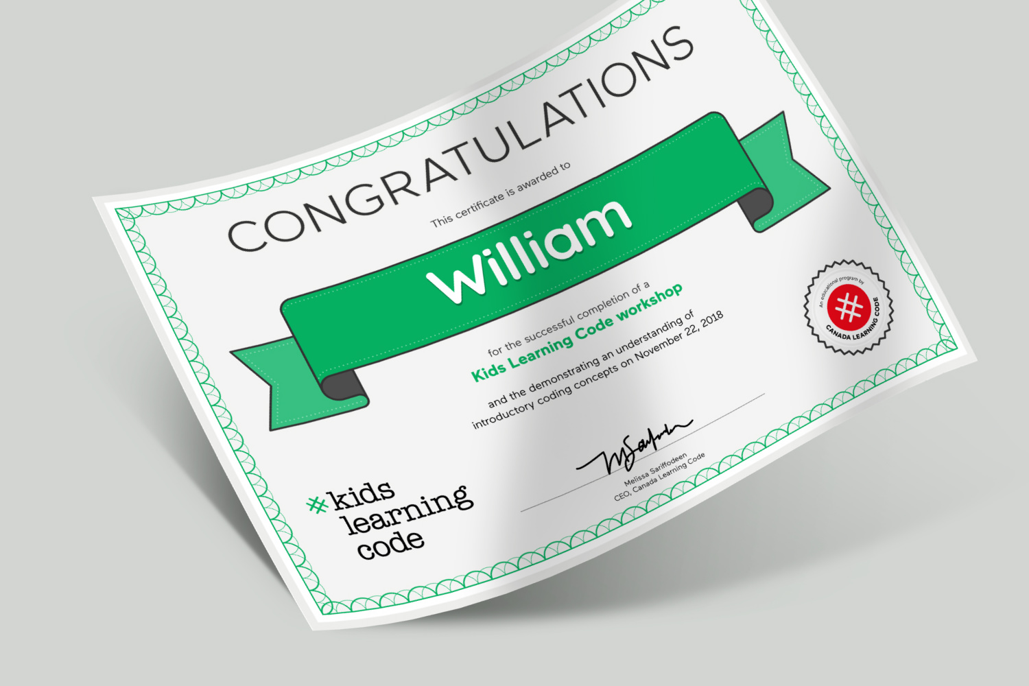 Printed certificate design featuring the Kids Learning Code program logo and Canada Learning Code logo