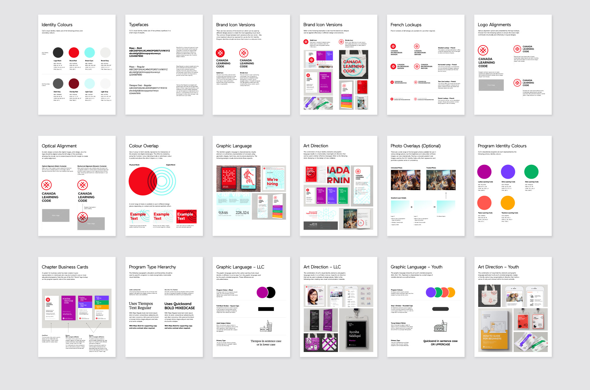 Pages from the visual identity standards guide for Canada Learning Code featuring logo design, colour palette, program identity art direction, and other considerations for consistent use of brand assets