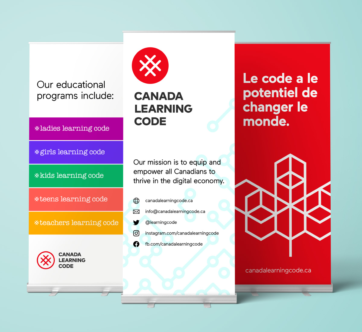 Printed stand-up banner designs for Canada Learning Code and other program identities