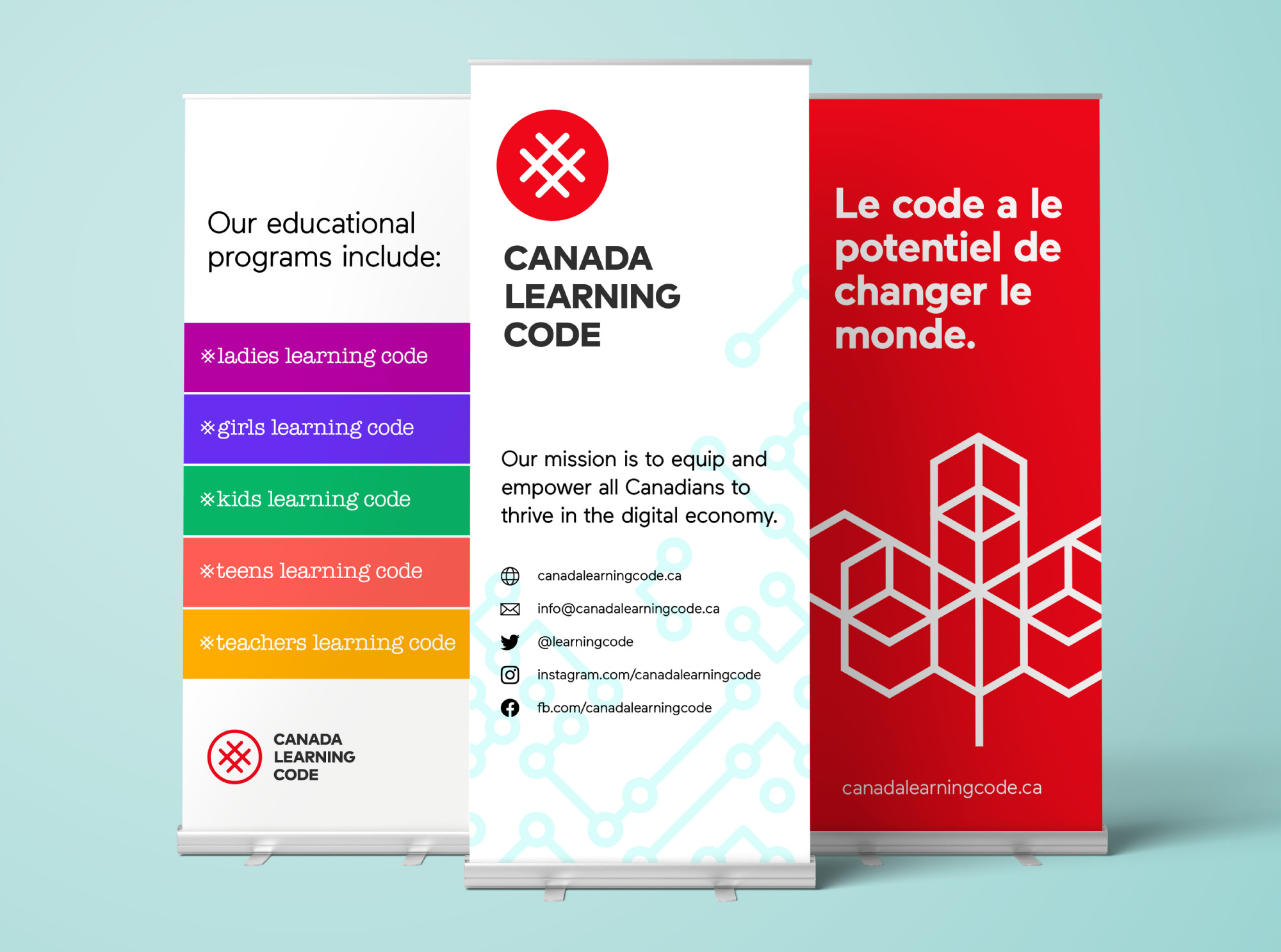 Printed stand-up banner designs for Canada Learning Code and other program identities