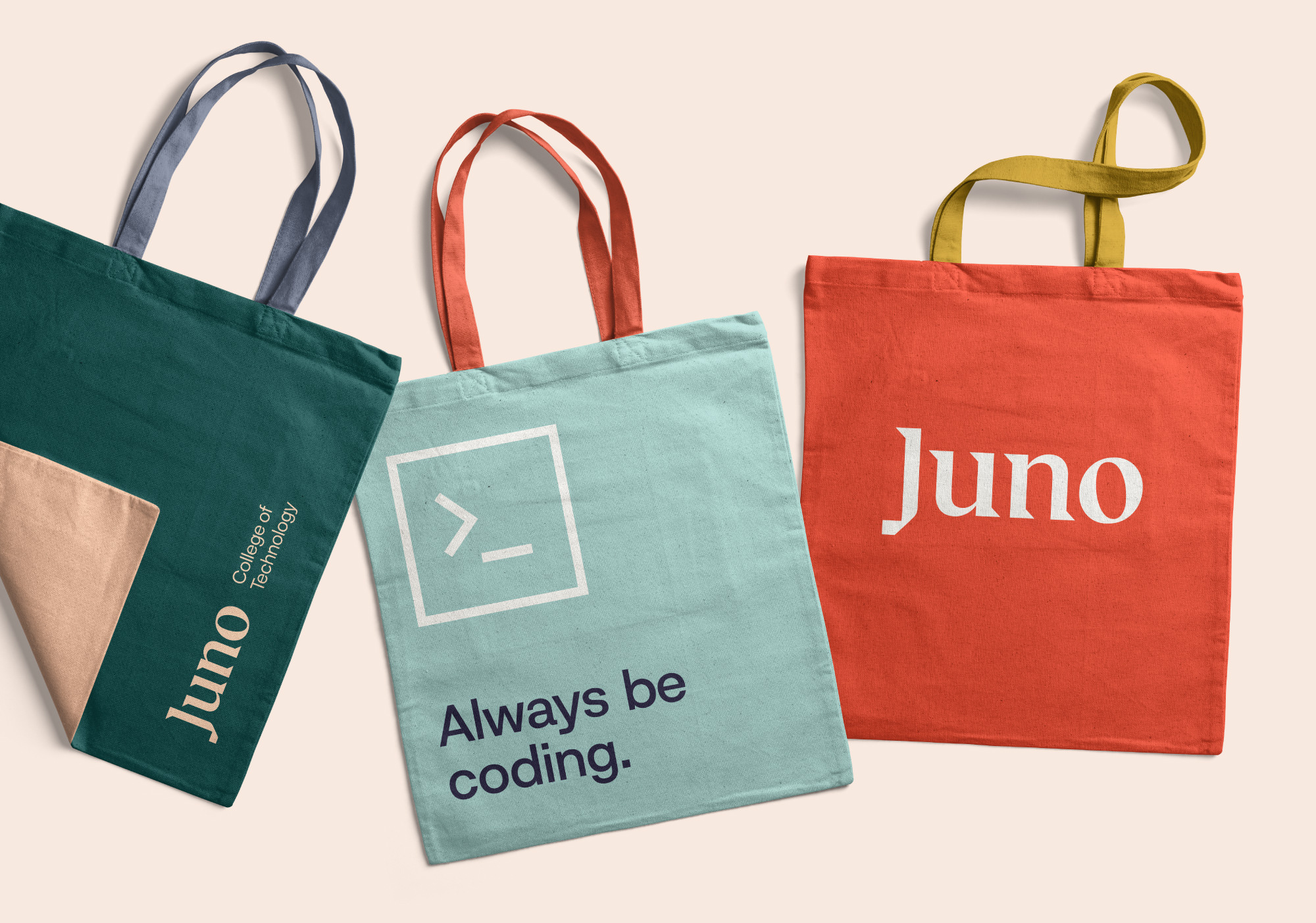 Swag design for branded Juno College tote bags featuring new logo design redesign by Studio Function