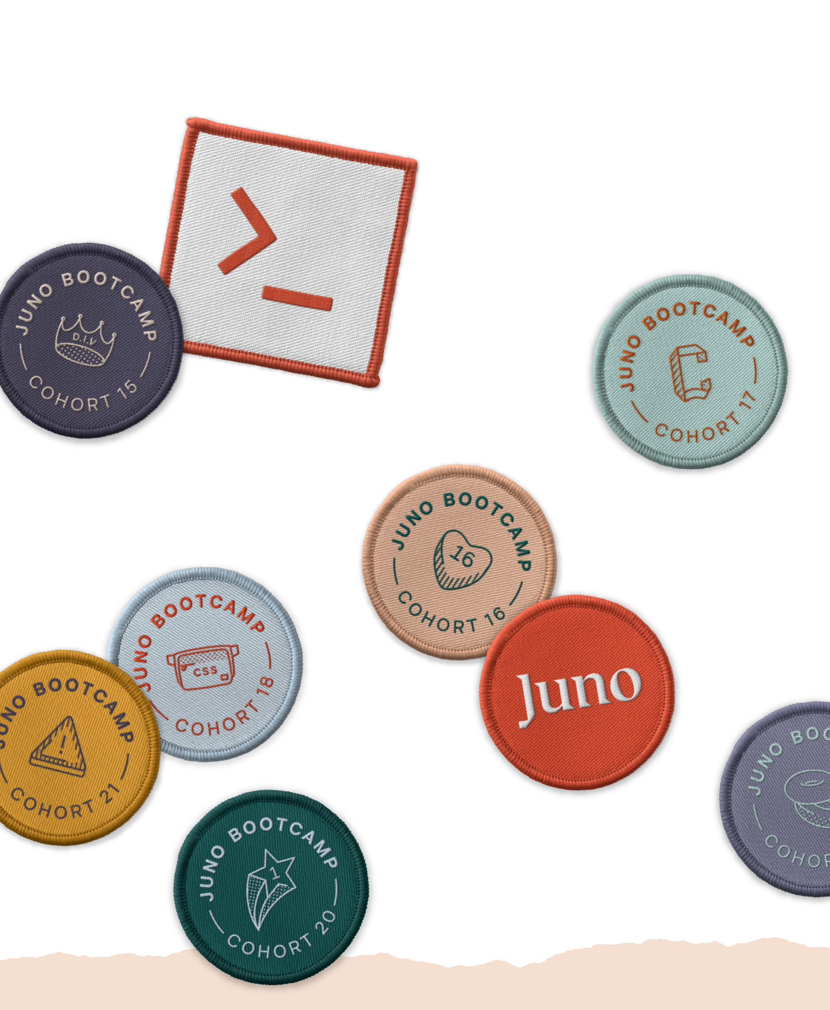 Embroidered patches swag design for Juno Web Development Bootcamp (visual identity exploration)