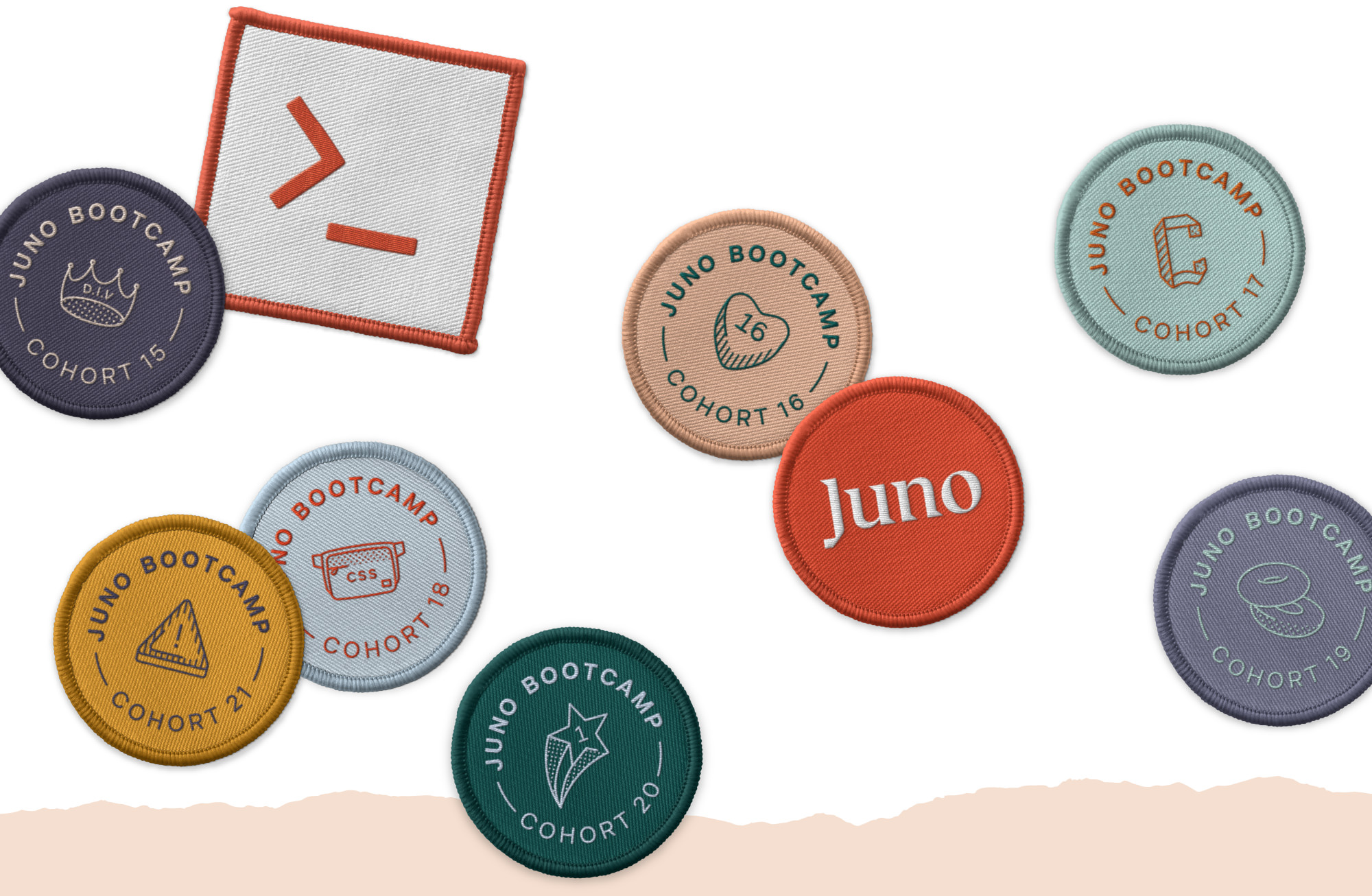 Embroidered patches swag design for Juno Web Development Bootcamp (visual identity exploration)
