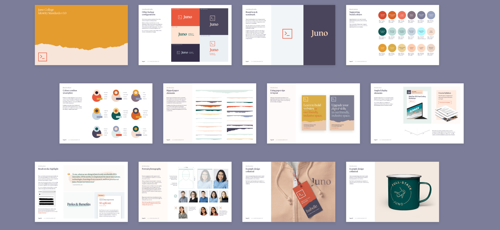 Pages from the brand standards guide for Juno featuring logo design, brand colours, typography, and general art direction overview