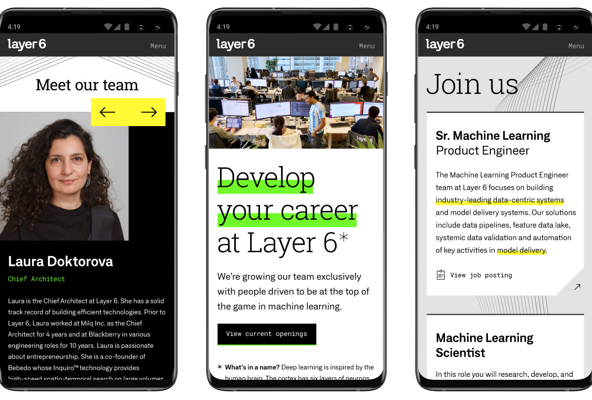 Responsive website design for layer6.ai shown on three mobile devices