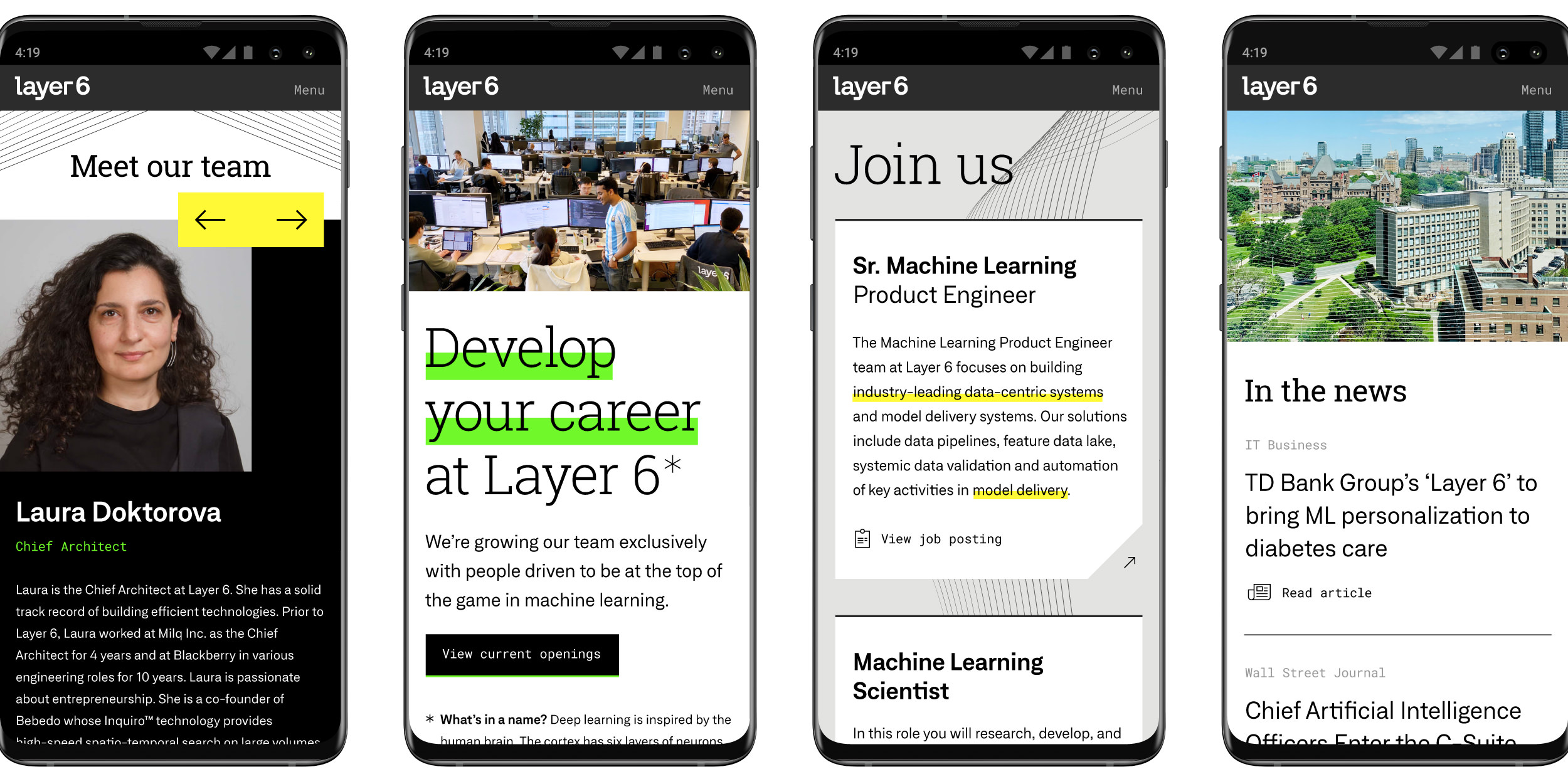 Responsive website design for layer6.ai shown on four mobile devices