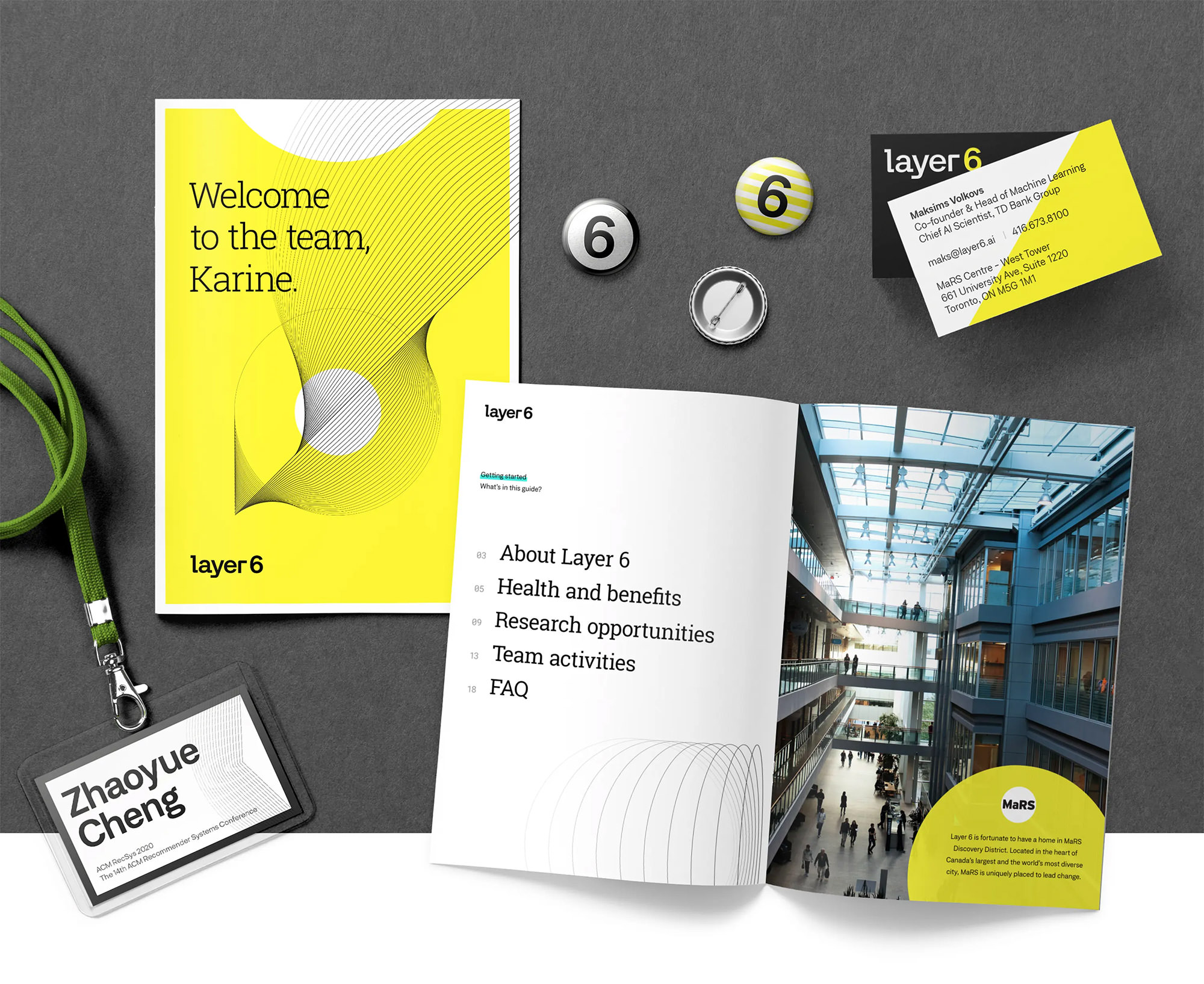 Print and collateral design exploration for a Layer 6 team member welcome kit
