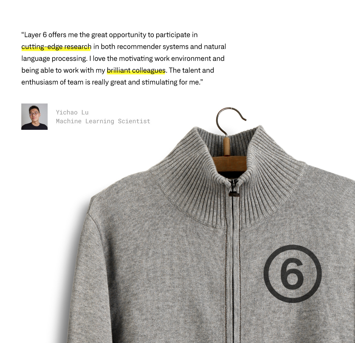 Layer 6 branded swag paired with team member testimonial