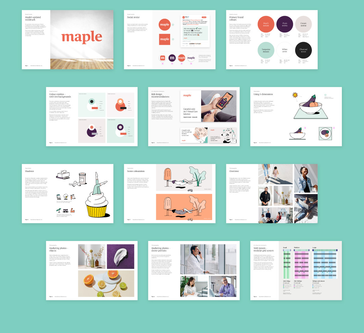 Internal pages of Visual Standards doc with Maple logo design, brand colours, type, illustration, photos, and web guidelines