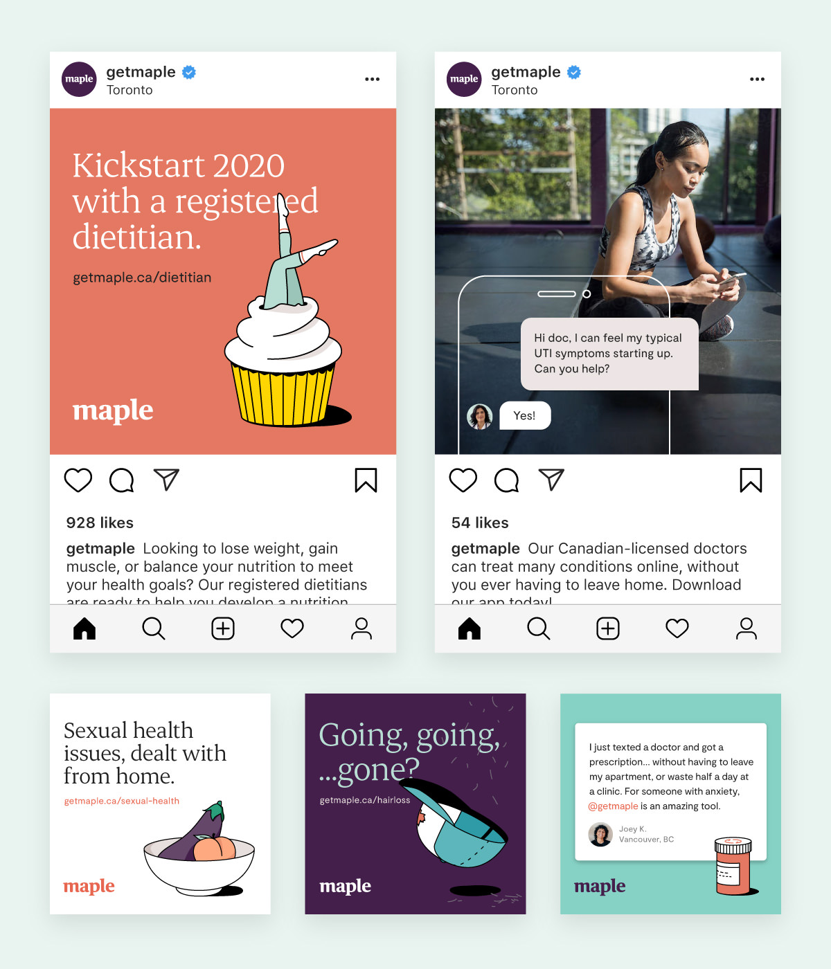 Social media marketing templates for Maple online healthcare with brand illustrations, colour palette, and logo design