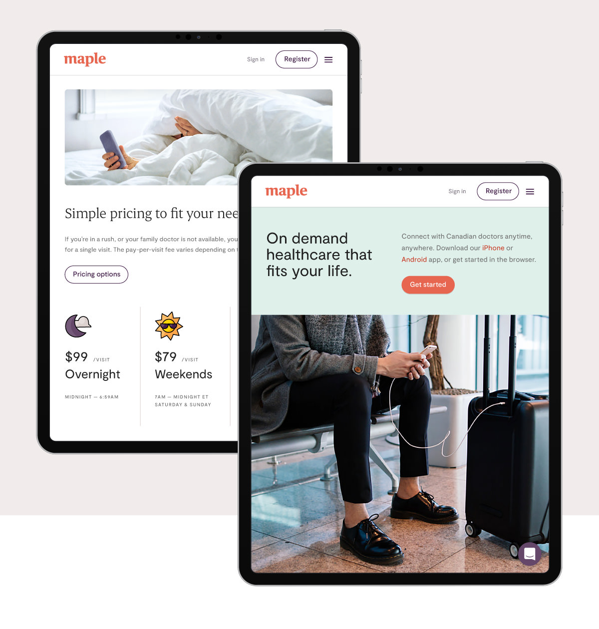 Responsive web design for Maple showcasing photography, icon design, and brand colour palette displayed on two iPad devices