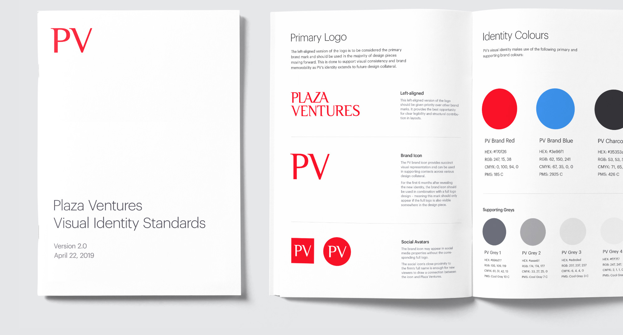 Plaza Venture’s Visual Identity Standards cover and internal spread showing logo design update and identity colours