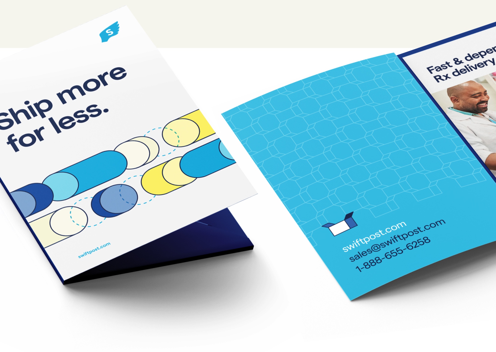 Branded marketing collateral (folders and print design) for Swiftpost