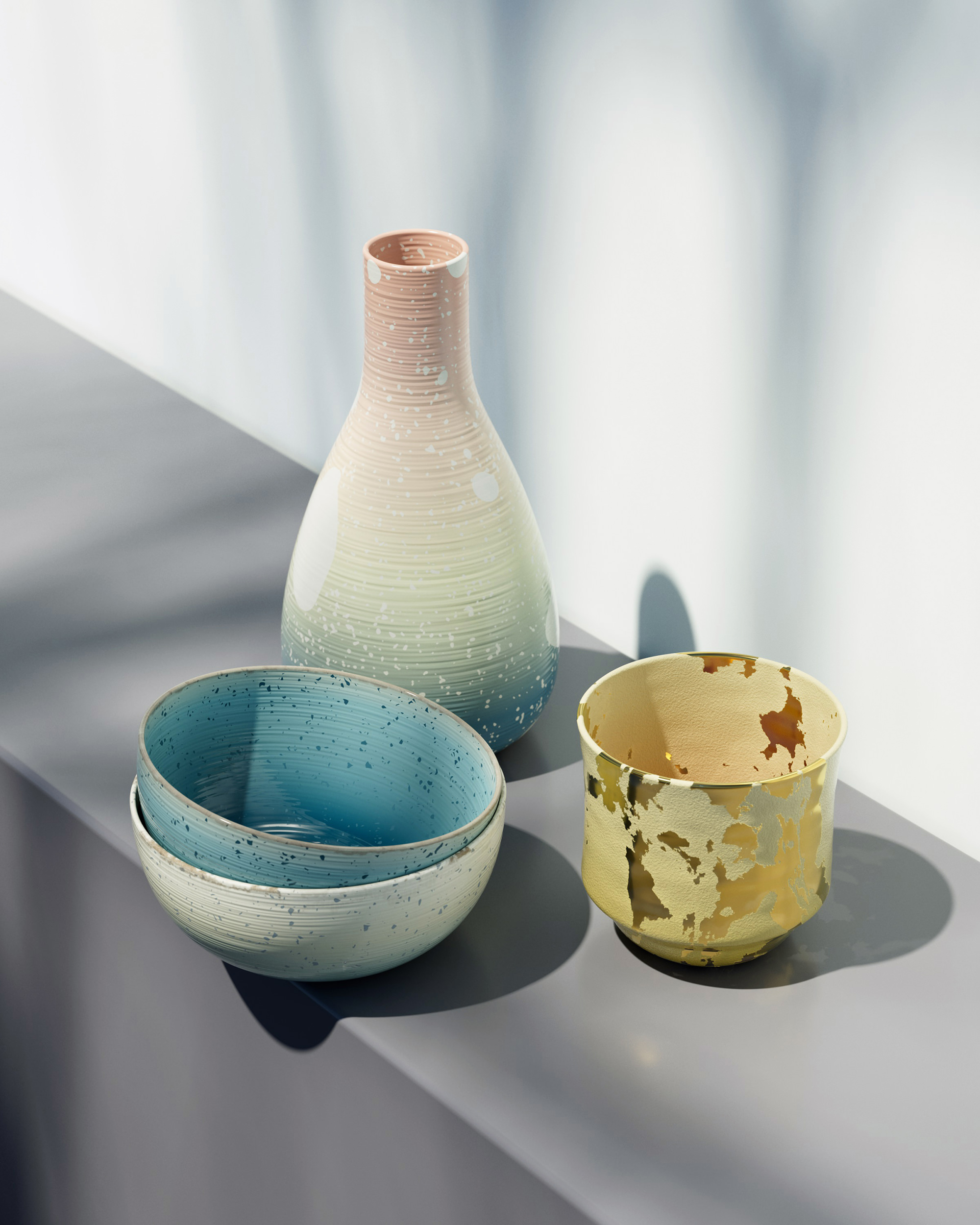 A 3D modelled scene of realistic colourful ceramic objects