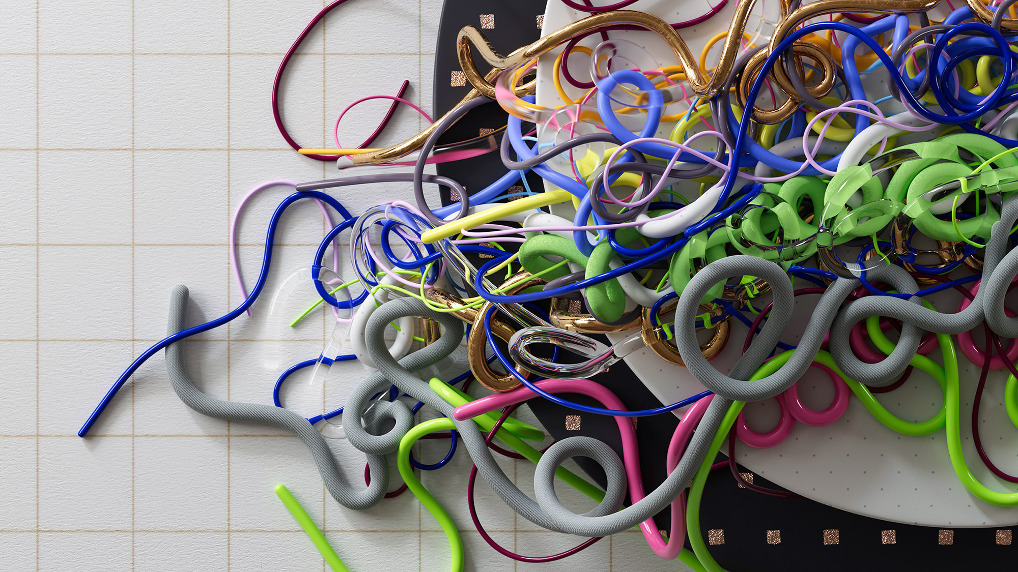 Colourful 3D modelled ropes in a tangled mess