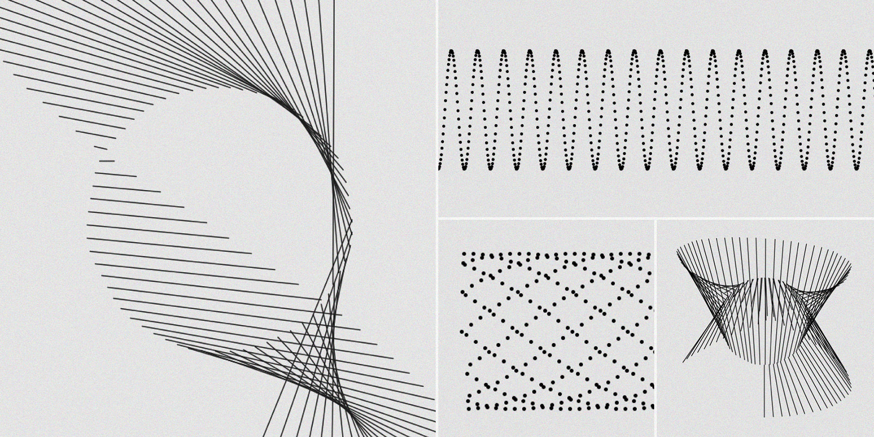 Collage of 4 greyscale linear graphics with circles, points, and lines