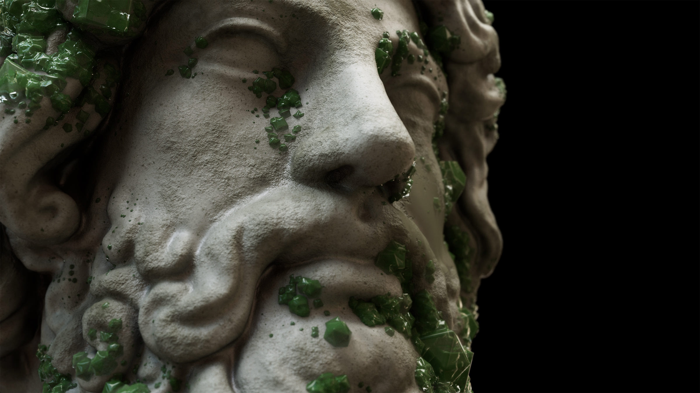 A stone sculpture of an ancient Greek man’s face covered in shiny green gem-like mold