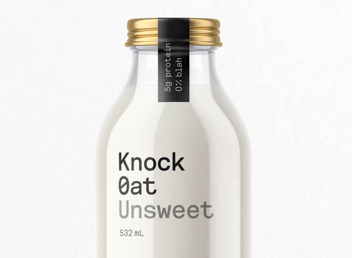 Milk bottle packaging design for Knock Oat oat milk