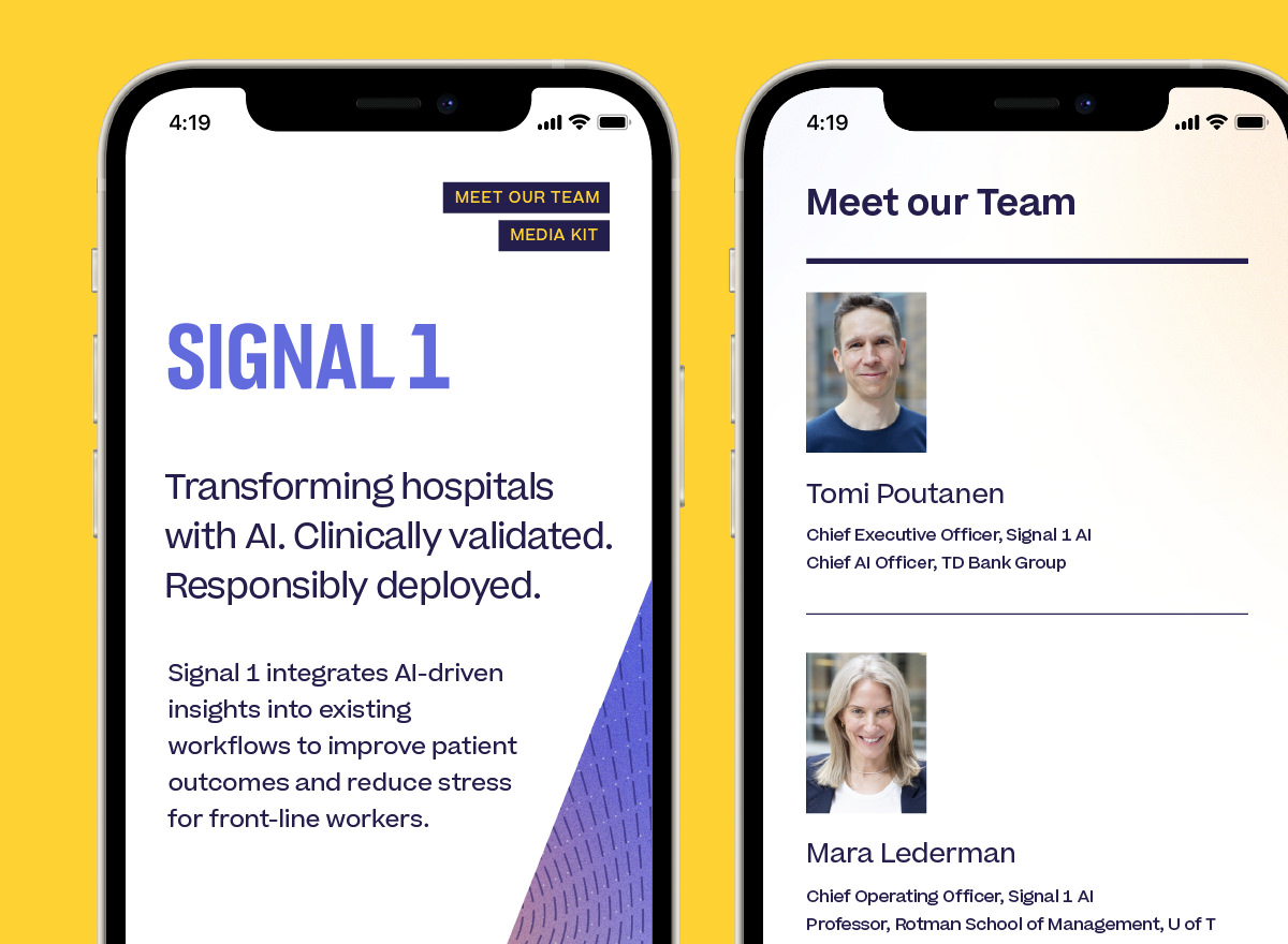 Branding and responsive web design for Signal 1 AI, a Toronto healthcare AI startup