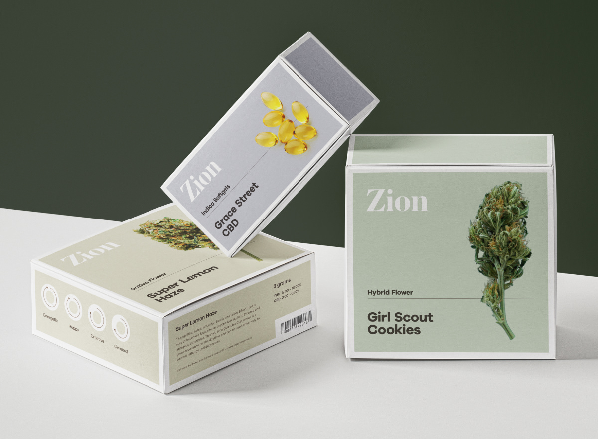 Packaging design for a cannabis brand displaying dried flower and softgels