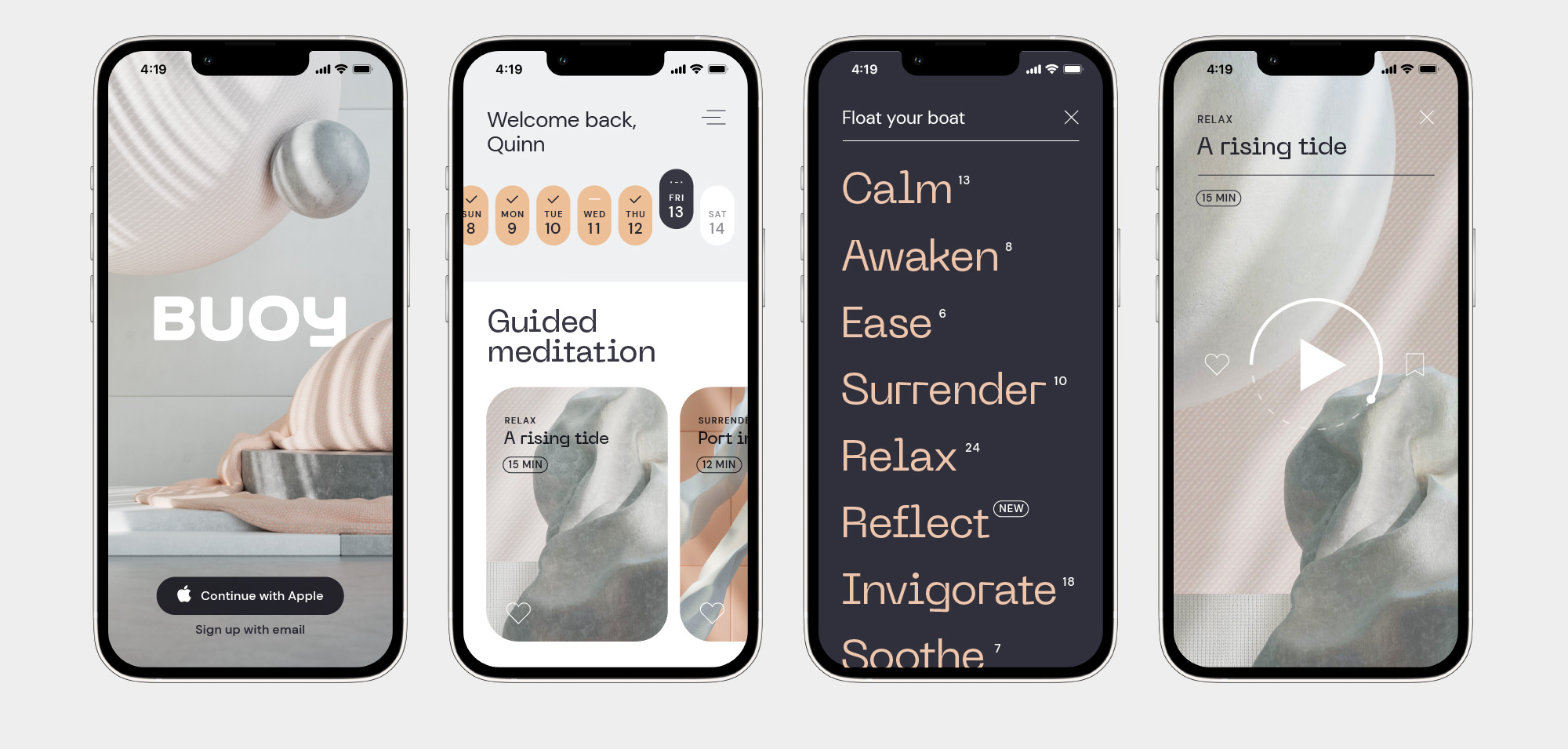 Native iOS meditation app design for BUOY on mobile phones