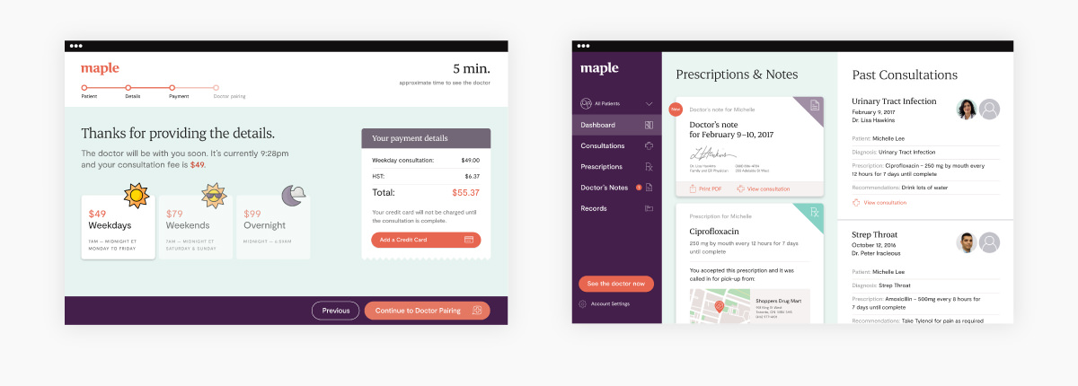 Examples of Maple’s web app product demonstrating UX/UI design elements