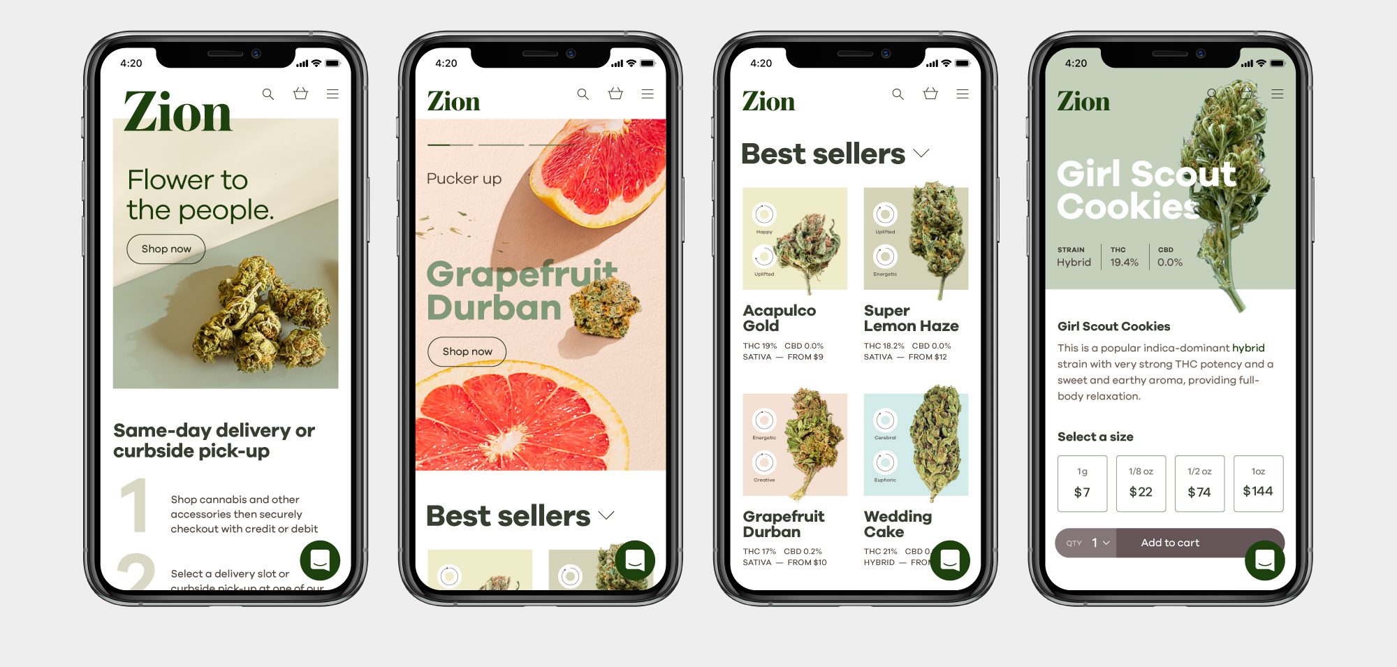 Adaptive e-commerce design for Zion showcasing store layouts in a mobile web browser